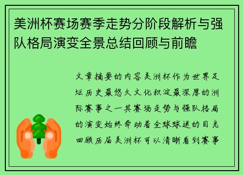 美洲杯赛场赛季走势分阶段解析与强队格局演变全景总结回顾与前瞻